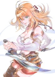 Rule 34 | 1girl, antenna hair, bare shoulders, breasts, cleavage, clenched hands, commentary, cowboy shot, crop top, cross-laced clothes, dagger, detached sleeves, dual wielding, english commentary, fiora (xenoblade), green eyes, hair ribbon, highres, holding, holding dagger, holding knife, holding weapon, jewelry, knife, legs together, long hair, looking at viewer, medium breasts, midriff, miniskirt, navel, orange hair, pendant, red ribbon, red shorts, ribbon, shorts, simple background, skirt, solo, thighhighs, ug333333, weapon, white background, white sleeves, xenoblade chronicles (series), xenoblade chronicles 1