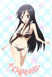 Rule 34 | 1girl, a channel, bikini, black hair, breasts, brown eyes, cleavage, collarbone, groin, large breasts, long hair, navel, nishi yuuko, open mouth, running, sakebuotoko, smile, solo, striped, swimsuit, tsurime, wide hips