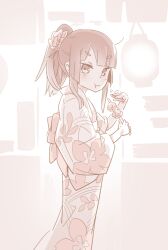 1girl ahoge akari_(raigou) bow closed_mouth eating elf festival floral_print floral_print_kimono flower food hair_flower hair_ornament hair_stick holding holding_food japanese_clothes kebab kimono lantern original paper_lantern pointy_ears ponytail raigou sepia solo thick_eyebrows