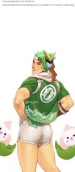 Rule 34 | 1boy, ass, back, bandaged hand, bandages, closed mouth, dolphin shorts, english text, genji (overwatch), green hair, happi genji (overwatch), highres, looking at viewer, male focus, mask, mask on head, nuggies (nug gies), overwatch, overwatch 2, short hair, short shorts, shorts, smile, solo, twitter username, white shorts
