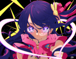 Rule 34 | 1girl, bare shoulders, chromatic aberration, dress, frilled dress, frills, gloves, hair ornament, hands on own chin, heart, highres, hoshino ai (oshi no ko), long hair, looking at viewer, one side up, oshi no ko, pink dress, pink gloves, portrait, purple eyes, purple hair, rabbit hair ornament, signature, smile, solo, star-shaped pupils, star (symbol), swept bangs, symbol-shaped pupils, z aft138420