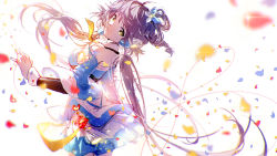 Rule 34 | 1girl, bare shoulders, black sleeves, blue dress, blurry, blurry foreground, commentary, cowboy shot, dress, english commentary, falling petals, flower, from behind, hair flower, hair ornament, hair rings, head tilt, highres, lengchan (fu626878068), light smile, long hair, looking back, luo tianyi, petals, purple hair, solo, sparkle, twintails, very long hair, vocaloid, vsinger, white background, yellow eyes