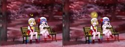 Rule 34 | 2girls, bench, blonde hair, blue hair, cellphone, comic, female focus, flandre scarlet, hat, highres, mcdonald&#039;s, multiple girls, nature, outdoors, parody, phone, plant, red eyes, remilia scarlet, ronald mcdonald, touhou