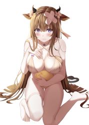 Rule 34 | 1girl, animal ears, azur lane, bare arms, bare shoulders, barefoot, bikini, bird, breasts, brown hair, chick, choker, cleavage, cow ears, cow girl, cow horns, cow tail, criss-cross halter, hair ornament, hair over one eye, halterneck, hand on own chest, highres, horns, kashino (hot springs relaxation) (azur lane), kashino (azur lane), large breasts, long hair, looking at viewer, manjuu (azur lane), niji (rudduf232), purple eyes, simple background, solo, string bikini, swimsuit, tail, thigh strap, thighs, very long hair, white background, white bikini