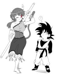 Rule 34 | 1boy, 1girl, ?, barefoot, bo staff, breasts, circlet, closed mouth, commentary request, covered navel, detached sleeves, dougi, dragon ball, dragonball z, dress, frilled dress, frills, full body, greyscale, highres, long hair, long sleeves, low twintails, medium breasts, monkey girl, monkey tail, monochrome, multicolored clothes, multicolored dress, prehensile tail, red eyes, ruyi jingu bang, sash, simple background, single-shoulder dress, single detached sleeve, smile, son biten, son goten, spiked hair, tail, touhou, turtle-kun, twintails, white background
