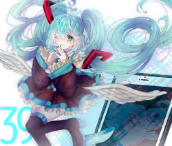Rule 34 | 1girl, 39, absurdly long hair, aqua eyes, aqua hair, aqua necktie, artist name, artist request, bare shoulders, black footwear, black skirt, blue eyes, blue hair, blue nails, blue necktie, blush, boots, collared shirt, female focus, hatsune miku, long hair, looking at viewer, nail polish, nails, necktie, one eye closed, parted lips, shirt, short sleeves, skirt, smile, solo, standing, standing on one leg, twintails, very long hair, vocaloid, white background, white shirt, white wings, wings