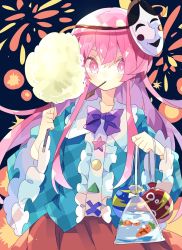 Rule 34 | 1girl, bag, blue shirt, bow, bowtie, carrot, commentary, cotton candy, eating, festival, fireworks, frilled shirt, frills, hata no kokoro, highres, long hair, long sleeves, looking at viewer, nikorashi-ka, noh mask, one-hour drawing challenge, pink eyes, pink hair, plaid, plaid shirt, purple bow, red skirt, shirt, skirt, solo, touhou, very long hair, water, wide sleeves