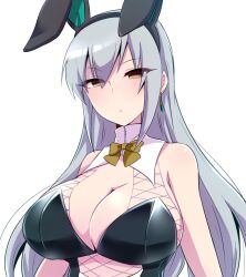 Rule 34 | 1girl, animal ears, bare shoulders, black hairband, black leotard, bow, bowtie, breasts, brown bow, brown bowtie, brown eyes, chiji komari, cleavage, closed mouth, clothing cutout, detached collar, earrings, fake animal ears, fishnets, grey hair, hairband, idolmaster, idolmaster cinderella girls, idolmaster cinderella girls starlight stage, jewelry, large breasts, leotard, long hair, looking at viewer, playboy bunny, rabbit ears, simple background, solo, strapless, strapless leotard, takamine noa, upper body, white background