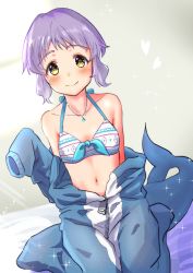 Rule 34 | animal costume, blush, breasts, collarbone, commentary request, fins, fish tail, hakubaru, heart, idolmaster, idolmaster million live!, jewelry, long sleeves, looking at viewer, makabe mizuki, midriff, navel, necklace, on bed, open clothes, purple hair, ribbed swimsuit, shark costume, shark tail, short hair, sidelocks, simple background, sitting, small breasts, smile, solo, sparks, swimsuit, swimsuit under clothes, tail, wariza, wavy hair, yellow eyes, zipper