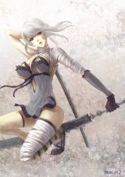 Rule 34 | 1girl, absurdres, bandaged arm, bandaged foot, bandaged leg, bandaged neck, bandages, black footwear, braid, breasts, camisole, cleavage, commentary, commentary request, full body, grey background, head tilt, high heels, highres, holding, holding sword, holding weapon, kaine (nier), lips, long hair, medium breasts, nier, nier (series), panties, pantyshot, parted lips, signature, single braid, solo, swept bangs, sword, underboob, underwear, wariko, weapon, white hair
