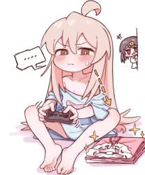Rule 34 | ..., 2girls, ahoge, bare legs, barefoot, blue shirt, blush, brown eyes, butterfly sitting, commentary request, controller, feet, folded clothes, game controller, holding, holding controller, holding game controller, knees apart feet together, korean commentary, m1ch, multiple girls, onii-chan wa oshimai!, oversized clothes, oyama mahiro, oyama mihari, pink hair, playing games, shirt, sitting, soles, solo focus, sparkle, spoken ellipsis, sweatdrop, toes