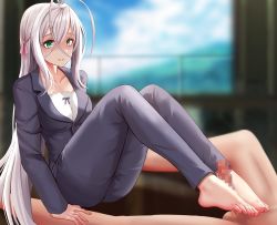Rule 34 | 1girl, antenna hair, barefoot, censored, feet, footjob, formal, ginhaha, green eyes, hair ribbon, high school dxd, long hair, mosaic censoring, pants, parted lips, penis, pink ribbon, ribbon, rossweisse, silver hair, smile, suit, toes