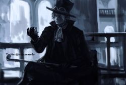 Rule 34 | 1boy, adjusting clothes, adjusting headwear, arm behind back, artist name, belt, black footwear, blonde hair, boots, brown gloves, coat, dress, full body, gloves, hat, long dress, male focus, one piece, smoking pipe, sabo (one piece), signature, solo, top hat