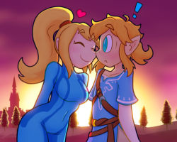 Rule 34 | !, 1boy, 1girl, ^ ^, aqua eyes, arms at sides, arms behind back, back-to-back, blonde hair, blue bodysuit, bodysuit, breasts, closed eyes, closed mouth, couple, face-to-face, field, heart, hetero, link, long hair, metroid, nintendo, noses touching, outdoors, pointy ears, ponytail, samus aran, short hair, short sleeves, smile, standing, sunrise, super smash bros., surprised, the legend of zelda, the legend of zelda: breath of the wild, tree, zero suit