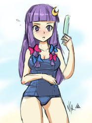 Rule 34 | 1girl, blush, bow, breasts, cleavage, crescent, crescent hair ornament, female focus, food, greyface, hair bow, hair ornament, hime cut, long hair, medium breasts, one-piece swimsuit, patchouli knowledge, popsicle, purple eyes, purple hair, school swimsuit, sidelocks, sketch, solo, swimsuit, touhou