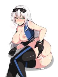 Rule 34 | 1girl, after vaginal, aftersex, ass, azur lane, black legwear, blush, breasts, breath, clothing aside, cropped jacket, cum, cum in pussy, cumdrip, enterprise (azur lane), gloves, green eyes, highres, kumasteam, large breasts, leotard, leotard aside, licking lips, long hair, lying, nipples, on side, presenting, presenting pussy, pussy, pussy juice, pussy juice drip, shiny skin, solo, spread pussy, striped legwear, sunglasses on head, sungmi&#039;s character, sweat, thighhighs, tongue, tongue out, white hair