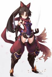 Rule 34 | 1girl, android, arm blade, black hair, breasts, fate/grand order, fate (series), full body, high ponytail, highres, joints, karukan (monjya), katou danzou (fate), long hair, mechanical arms, medium breasts, ponytail, red scarf, resolution mismatch, robot joints, scarf, solo, source larger, standing, very long hair, weapon, yellow eyes