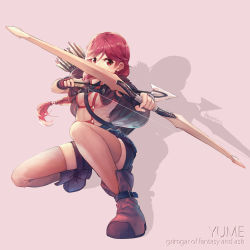 Rule 34 | 10s, 1girl, aiming, aiming at viewer, arrow (projectile), artist name, belt, belt boots, belt pouch, blue shorts, boots, bow (weapon), braid, breasts, buckle, capelet, character name, copyright name, covered mouth, curry bowl, drawing bow, fantasy, fingerless gloves, full body, gloves, hai to gensou no grimgar, hair between eyes, highres, holding, holding bow (weapon), holding weapon, long hair, long legs, looking at viewer, pink background, ponytail, pouch, quiver, red eyes, red hair, revision, shorts, signature, simple background, single braid, solo, squatting, swept bangs, thighhighs, twitter username, weapon, yume (grimgar)
