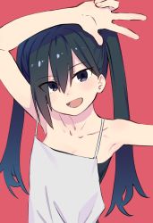 Rule 34 | 1girl, aki poi, arm up, armpits, bare arms, bare shoulders, black dress, black eyes, black hair, collarbone, commentary request, dress, hair between eyes, long hair, original, red background, simple background, solo, strapless, strapless dress, twintails, upper body, w