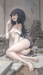 Rule 34 | 1girl, ass, bare shoulders, barefoot, black hair, black panties, book, borrowed character, breasts, commentary request, commission, feet, genek, highres, legs, long hair, looking at viewer, off-shoulder shirt, off shoulder, one eye closed, open clothes, open mouth, open shirt, orange eyes, original, panties, shirt, sitting, skeb commission, small breasts, solo, thighs, toes, underwear, very long hair, white shirt, yawning