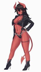 Rule 34 | 1girl, ankle boots, bikini, black bikini, black gloves, black hair, black jacket, boots, breasts, chain, choker, collarbone, colored skin, commentary request, cropped jacket, demon girl, demon horns, demon tail, earrings, full body, gazami, gloves, green eyes, hand on own hip, high heel boots, high heels, highleg, highleg bikini, highres, horns, jacket, jewelry, large breasts, leather, leather jacket, long hair, looking at viewer, mole, mole under eye, navel, o-ring, o-ring bikini, open clothes, open jacket, original, pointy ears, red skin, revealing clothes, slit pupils, solo, spiked jacket, standing, stud earrings, swimsuit, tail, thighlet, thighs, tsurime