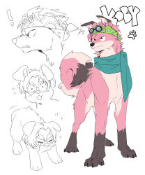 Rule 34 | !, absurdres, animalization, blush, brown fur, character name, commentary, crying, determined, dog, ears down, expressions, floppy ears, floral print, from below, from side, full body, green headband, growling, headband, highres, koby (one piece), ks lobos, looking to the side, multicolored fur, multiple views, one piece, paw print, pink fur, puppy, scar, scar on face, scar on forehead, scarf, simple background, surprised, white background