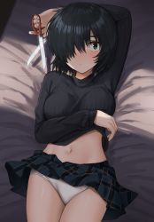Rule 34 | 1girl, absurdres, arm over head, bed, black hair, black sweater, blush, breasts, green eyes, hair over one eye, highres, large breasts, long sleeves, looking to the side, lying, midriff, navel, nazo no kanojo x, on back, panties, pleated skirt, scissors, shengtian, short hair, skirt, solo, sweater, underwear, urabe mikoto, white panties