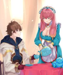 Rule 34 | 1boy, 1girl, absurdres, apron, aqua dress, belt, blue flower, blue shirt, blurry, blurry background, blush, bow, breasts, brown belt, brown eyes, brown hair, chair, cleavage, cloak, commentary, commission, cup, detached collar, dress, earrings, english commentary, fire emblem, fire emblem heroes, flower, gloves, gold trim, gradient hair, green eyes, gunnthra (fire emblem), hair between eyes, hair flower, hair ornament, headdress, highres, holding, holding cup, holding plate, holding teapot, icicle, jewelry, kiran (fire emblem), kiran (male) (fire emblem), large breasts, lips, looking at another, low twintails, maid, maid apron, maid headdress, multicolored hair, nintendo, orange hair, pink hair, plate, pouring, red bow, red gloves, ritence, shirt, signature, sitting, smile, tablecloth, teapot, twintails, twitter username, white cloak