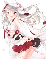 Rule 34 | 1girl, :d, animal ears, animal hood, ass, azur lane, bare shoulders, blush, bow, breasts, commentary request, crop top, detached sleeves, fang, fingernails, floating hair, grey hair, highres, hood, hood up, leaning forward, long hair, long sleeves, medium breasts, minoshi, nail polish, obi, open mouth, pinching sleeves, pleated skirt, red bow, red eyes, red nails, red skirt, sash, short eyebrows, skirt, sleeves past wrists, smile, solo, tail, thick eyebrows, underboob, very long hair, wide sleeves, wolf ears, wolf girl, wolf hood, wolf tail, yuudachi (azur lane), yuudachi (the bride of solomon) (azur lane)