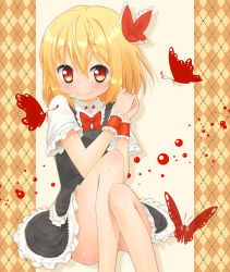 Rule 34 | 1girl, argyle, argyle background, argyle clothes, bad id, bad pixiv id, blonde hair, blush, bow, bowtie, bug, butterfly, embodiment of scarlet devil, face, female focus, frills, hair bow, insect, jigatei (omijin), legs, no panties, red eyes, rumia, short hair, smile, solo, touhou, wrist cuffs