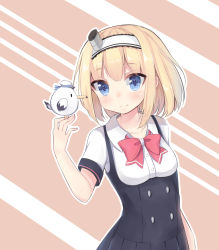 Rule 34 | 1girl, absurdres, bird, bird on hand, black skirt, blonde hair, blue eyes, bow, bowtie, buttons, closed mouth, collarbone, hairband, hand up, high-waist skirt, highres, light smile, looking away, parted bangs, red bow, red bowtie, seagull, shirt, short hair, short sleeves, simple background, siwi, skirt, staring, suspender skirt, suspenders, upper body, warship girls r, white shirt, z18 hans ludemann (warship girls r)