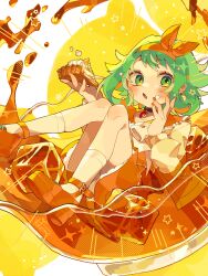 Rule 34 | 1girl, :o, a.i. voice, artist name, blush, cream, cream on face, food, food on face, fukomo, full body, green eyes, green hair, gumi, gumi (a.i. voice), hairband, headband, highres, holding, holding food, looking at viewer, motion lines, orange footwear, orange headband, pie, pie slice, sailor collar, shoes, short hair, socks, solo, vocaloid, white socks