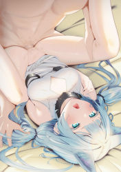 Rule 34 | 1boy, 1girl, absurdres, animal ear fluff, animal ears, aqua eyes, arknights, bare shoulders, blue hair, blush, breasts, cat ears, censored, cleavage cutout, clothed female nude male, clothes lift, clothing cutout, completely nude, dress, dress lift, folded, gusha s, highres, long hair, low twintails, lying, medium breasts, missionary, mosaic censoring, no panties, nude, official alternate costume, on back, open mouth, penis, pussy, rosmontis (arknights), rosmontis (become anew) (arknights), sex, sleeveless, sleeveless dress, solo, spread legs, twintails, vaginal, very long hair, white dress