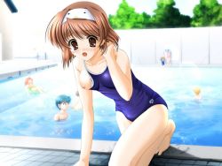 Rule 34 | 1girl, breast slip, breasts, brown eyes, brown hair, competition school swimsuit, game cg, matsushita riko, nipple slip, nipples, non-web source, one-piece swimsuit, one breast out, pool, poolside, school swimsuit, short hair, small breasts, solo, sukumizu ~fecchi ni narumon!~, swimsuit, wardrobe malfunction, wet
