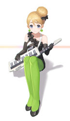 Rule 34 | 1girl, absurdres, black dress, black footwear, blonde hair, blue eyes, commentary, don&#039;t say &quot;lazy&quot;, dress, english commentary, full body, green pantyhose, hair bun, highres, holding, holding instrument, instrument, k-on!, keyboard (instrument), kotobuki tsumugi, long hair, looking at viewer, pantyhose, single hair bun, sitting, smile, solo, yidie