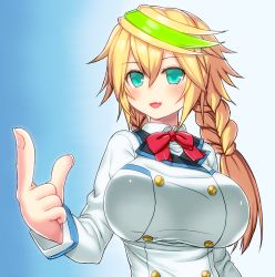 Rule 34 | 1girl, aqua eyes, asamura hiori, blonde hair, blush, braid, breasts, charlotte dunois, charlotte dunois (cosplay), cosplay, fang, gen&eacute; (pso2), gene (pso2), green hair, hair between eyes, highres, huge breasts, infinite stratos, long hair, looking at viewer, multicolored hair, open mouth, phantasy star, phantasy star online 2, pointing, smile, solo, twin braids, twintails