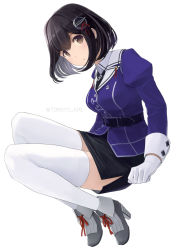 Rule 34 | 1girl, black hair, black skirt, brown eyes, full body, gloves, haguro (kancolle), haguro kai ni (kancolle), jacket, juliet sleeves, kantai collection, long sleeves, military, military uniform, parted lips, pencil skirt, puffy sleeves, purple jacket, short hair, simple background, skirt, solo, thighhighs, tomoyo kai, uniform, white background, white gloves, white thighhighs
