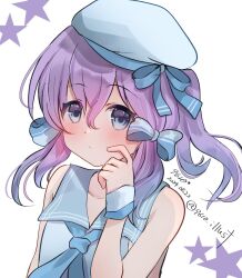 Rule 34 | 9610 (kuroto), beret, blue bow, blue neckerchief, blue sailor collar, bow, dated, hat, kantai collection, langley (kancolle), medium hair, neckerchief, official alternate costume, one-hour drawing challenge, sailor collar, shirt, sleeveless, sleeveless shirt, star (symbol), starry background, twitter username, upper body, white hat, wristband