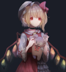 Rule 34 | 1girl, absurdres, ascot, black background, blonde hair, closed mouth, cowboy shot, dark background, flandre scarlet, frilled shirt collar, frills, glowing, glowing wings, hat, hat ribbon, highres, holding, holding stuffed toy, medium hair, miltee (pdfe7528), mob cap, multicolored wings, one side up, pointy ears, puffy short sleeves, puffy sleeves, red eyes, red ribbon, red skirt, red vest, ribbon, short sleeves, simple background, skirt, skirt set, solo, stuffed animal, stuffed toy, teddy bear, touhou, vest, white hat, wings, yellow ascot