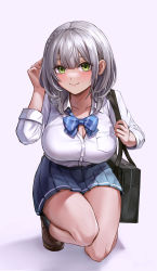 Rule 34 | 1girl, absurdres, adjusting hair, bag, black socks, blue bow, blue bowtie, blue skirt, blush, bow, bowtie, braid, breast pocket, breasts, brown footwear, cleavage, closed mouth, collarbone, collared shirt, dress shirt, full body, green eyes, grey hair, hand up, highres, hololive, large breasts, loafers, long sleeves, looking at viewer, medium hair, miniskirt, on one knee, pleated skirt, pocket, school bag, school uniform, shirogane noel, shirogane noel (school uniform), shirt, shoes, side braid, simple background, single braid, skirt, smile, socks, solo, virtual youtuber, white shirt, wszkii