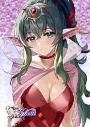 Rule 34 | 1girl, artist name, bare shoulders, blush, breasts, cape, choker, cleavage, closed mouth, collarbone, commentary, commission, dress, english commentary, felielle, fire emblem, fire emblem awakening, hair between eyes, hair ornament, hair ribbon, high collar, large breasts, long hair, looking at viewer, nintendo, pink cape, pointy ears, ponytail, red choker, red dress, red ribbon, ribbon, sidelocks, smile, solo, strapless, strapless dress, tiki (adult) (fire emblem), tiki (fire emblem), very long hair