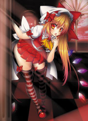 Rule 34 | 1girl, aged up, alternate costume, bat wings, blonde hair, bow, checkered floor, chestnut mouth, crystal, embodiment of scarlet devil, fang, female focus, finger to mouth, flandre scarlet, floor, hat, hip focus, leaning forward, legs, light rays, long hair, mary janes, nail polish, perspective, pleated skirt, ponytail, red eyes, shoes, short hair, side ponytail, skindentation, skirt, solo, striped clothes, striped thighhighs, sunbeam, sunlight, suzuneko (yume no kyoukai), thighhighs, thighs, touhou, wide hips, wings