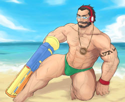 Rule 34 | 1boy, abs, absurdres, bara, beach, bulge, chest hair, facial hair, glensaru, graves (league of legends), green male swimwear, headphones, highres, holding, holding water gun, large pectorals, league of legends, looking at viewer, male focus, male swimwear, mature male, muscular, muscular male, mustache, navel, navel hair, nipples, official alternate costume, on one knee, pectorals, sand, short hair, smile, solo, stomach, sunglasses, swim briefs, thick thighs, thighs, topless male, unfinished, water gun