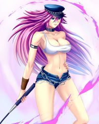 Rule 34 | 1girl, bare shoulders, bra, breasts, capcom, chain, cleavage, collar, female focus, final fight, gradient background, large breasts, long hair, midriff, pink hair, poison (final fight), ryourou (edexigerero), short shorts, shorts, solo, street fighter, unbuttoned, underwear