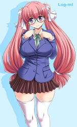 Rule 34 | 1girl, blazer, blue background, blush, breasts, character name, english text, glasses, hair ribbon, jacket, large breasts, log-mi (tonpuu), long hair, original, pink hair, purple eyes, ribbon, simple background, skirt, smile, solo, standing, thick thighs, thighhighs, thighs, tonpuu, twintails, very long hair