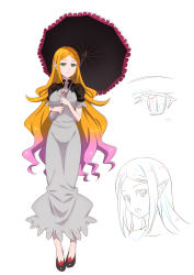 Rule 34 | 1girl, blonde hair, character sheet, dress, green eyes, highres, isshi pyuma, long hair, looking at viewer, multicolored hair, multiple views, original, parasol, pointy ears, simple background, standing, two-tone hair, umbrella