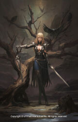 Rule 34 | 1girl, absurdres, armor, bare tree, bird, blonde hair, blue eyes, boots, breasts, center opening, copyright notice, dual wielding, gauntlets, highres, holding, holding sword, holding weapon, iltaek oh, large breasts, lips, long hair, looking at viewer, official art, shadowblood, shoulder armor, solo, sword, thigh boots, tree, weapon
