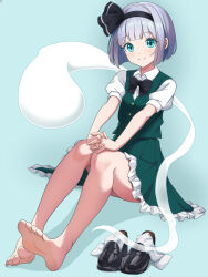 Rule 34 | 1girl, bare legs, barefoot, black bow, black bowtie, black footwear, black hairband, black ribbon, blue background, blue eyes, bob cut, bow, bowtie, closed mouth, collared shirt, commentary request, feet, frilled skirt, frills, full body, green skirt, green vest, grey hair, hairband, hand on own knee, happy, highres, interlocked fingers, kisaragi koushi, konpaku youmu, konpaku youmu (ghost), loafers, looking at viewer, puffy short sleeves, puffy sleeves, ribbon, shirt, shoes, short hair, short sleeves, sitting, skirt, smile, socks, soles, solo, toes, touhou, unworn shoes, unworn socks, vest, white shirt, white socks