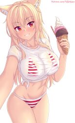 Rule 34 | 1girl, animal ears, bikini, blonde hair, blush, breasts, cat ears, cat girl, collarbone, food, highres, holding, holding food, holding ice cream, ice cream, large breasts, long hair, looking at viewer, navel, nottytiffy, original, parted lips, patreon username, red eyes, shirt, short sleeves, simple background, slit pupils, smile, solo, stomach, striped bikini, striped clothes, swimsuit, teeth, thighs, tiffy (nottytiffy), white background, white shirt