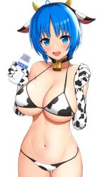 Rule 34 | 1girl, :d, absurdres, ahoge, animal collar, animal ears, animal print, bell, bikini, blue eyes, blue hair, blush, bottle, breasts, cleavage, collar, cow ears, cow horns, cow print, cowbell, custom maid 3d 2, elbow gloves, fake animal ears, fake horns, female focus, gloves, hands up, highres, holding, holding bottle, horns, kametaro0723, large breasts, looking at viewer, milk bottle, navel, neck bell, open mouth, original, short hair, simple background, skindentation, smile, solo, stomach, strap gap, swimsuit, thigh gap, white background
